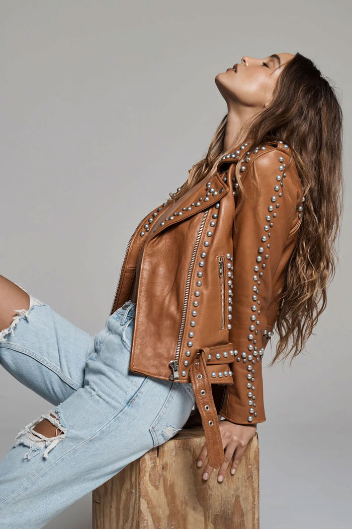 New Brown Style Silver Spiked Studded Motorcycle Leather Biker  jacket For Women