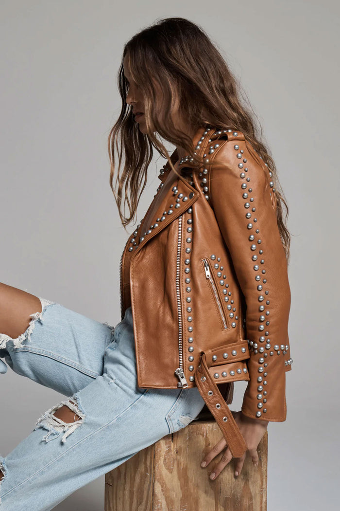 New Brown Style Silver Spiked Studded Motorcycle Leather Biker  jacket For Women