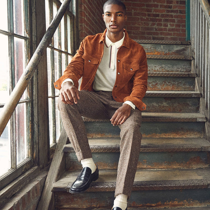 New Brown Suede Lambskin Trucker Leather Bomber Jacket For Men