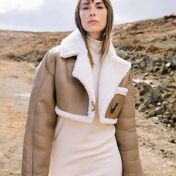 New Brown Women Sheepskin Shearling B3 Flight Bomber Faux Fur Leather Aviator Jacket