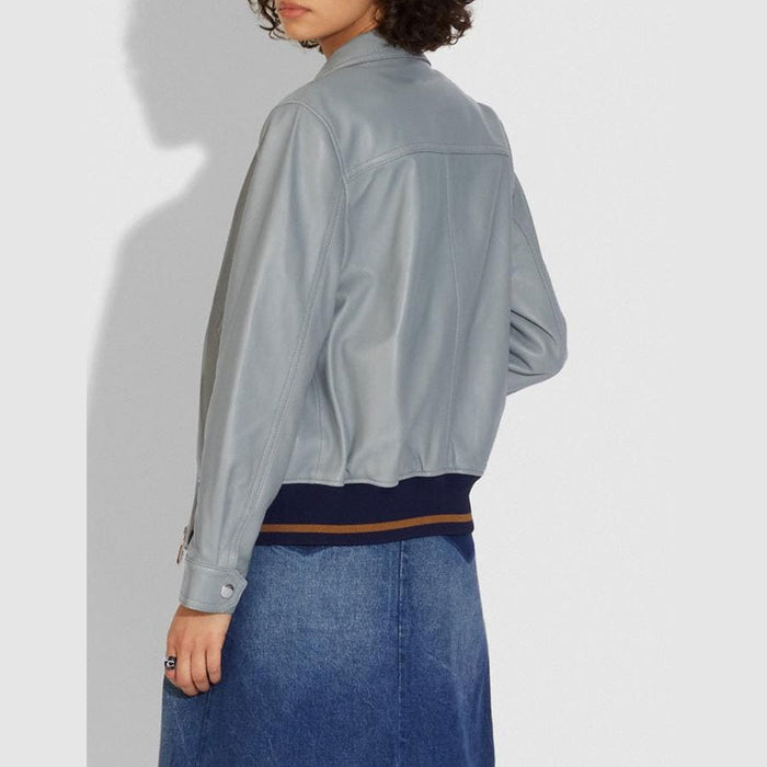 New Gray Sheepskin Shearling Leather Bomber jacket  For Women