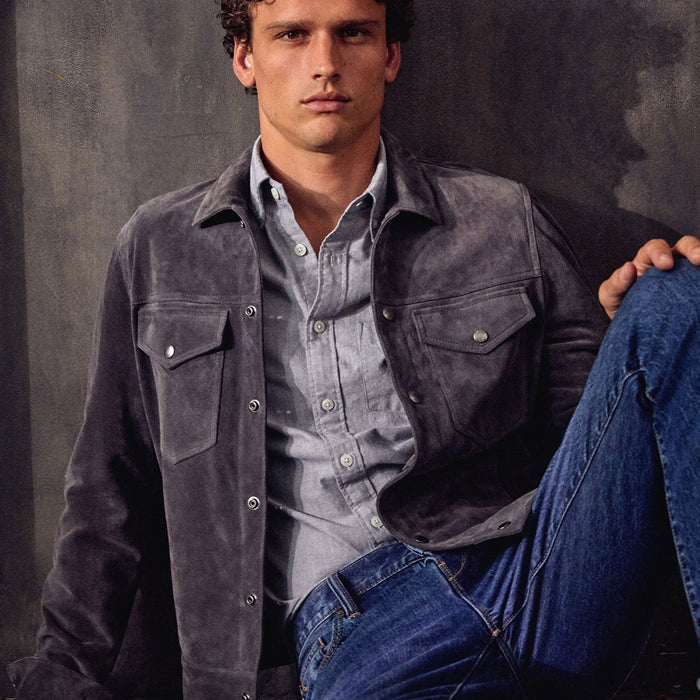 New Grey Suede Sheepskin Cowboy Leather Trucker Jacket for Men