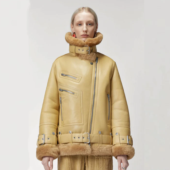 New Light Brown Sheepskin Shearling Fashion RAF Aviator Styled Leather Jacket