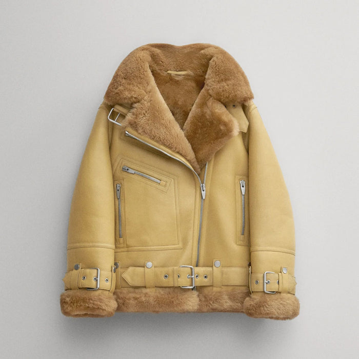 New Light Brown Sheepskin Shearling RAF Aviator Styled B3 Bomber Leather Jacket For Women