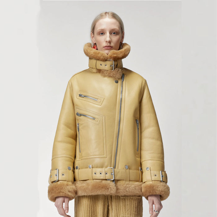 New Light Brown Sheepskin Shearling RAF Aviator Styled B3 Bomber Leather Jacket For Women
