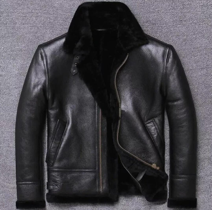 New Men RAF Black Sheepskin Shearling Winter Aviator B3 Bomber Leather Jacket