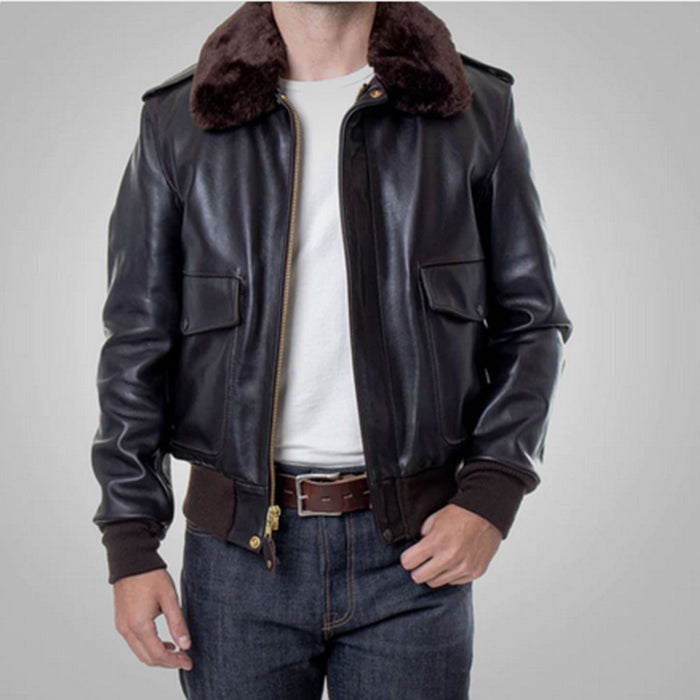 New Men Sheepskin Shearling Black Flying RAF A2 Cowhide Leather Bomber Jacket