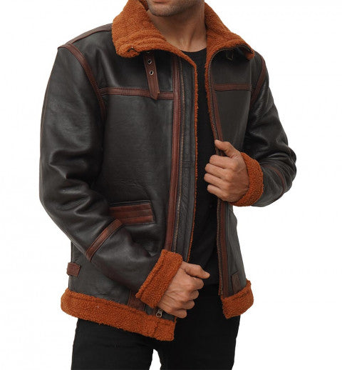 New Men Sheepskin Shearling Dark Brown Leather B3 Bomber Jacket