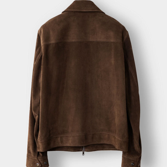 New Men Suede Lambskin Chocolate Brown Cowboy Trucker Leather Jacket
