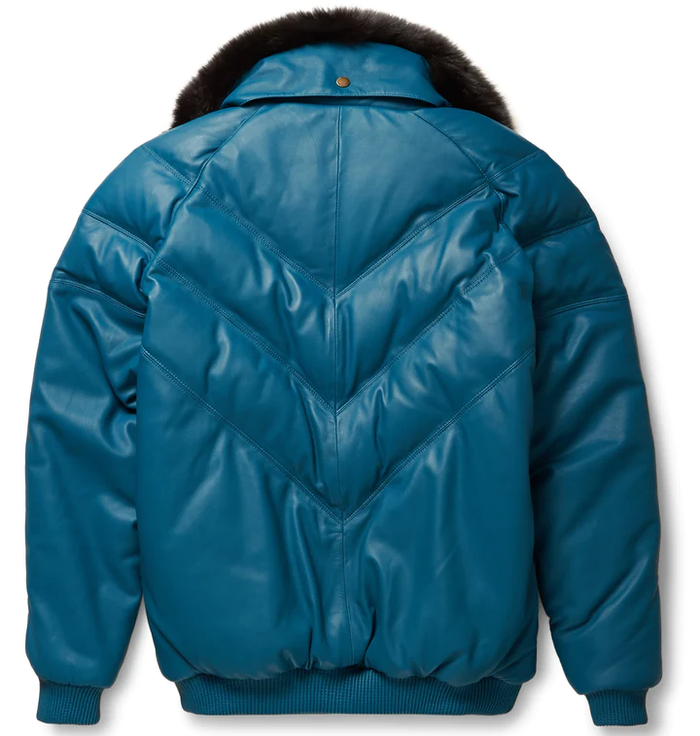 New Men Teal Leather V Bomber Jacket With Black Fur Collar