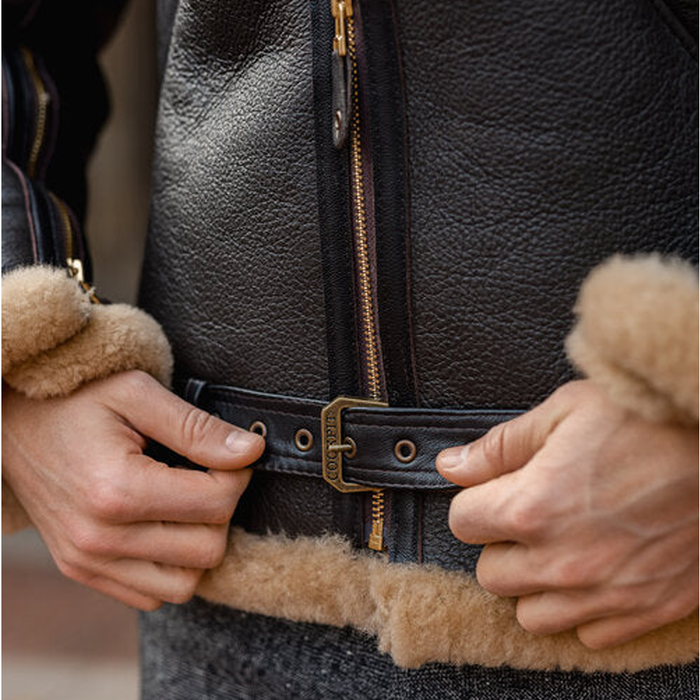 New Men's Aviator RAF Black Belted B3 Bomber Flying Sheepskin Shearling Leather Jacket With Fur