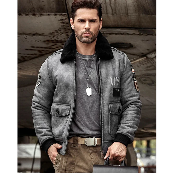 New Mens B3 RAF Flight Sheepskin Grey Shearling Leather Jacket Coat With Black Fur