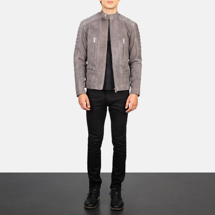 New Men’s Dark Charcoal Suede Motorcycle Leather Bomber Jacket