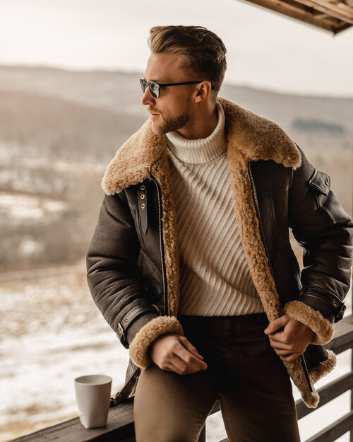New Men's Genuine Sheepskin Shearling B3 Bomber Leather Jacket – Real Leather Vintage Aviator Winter Coat for Extreme Cold Weather