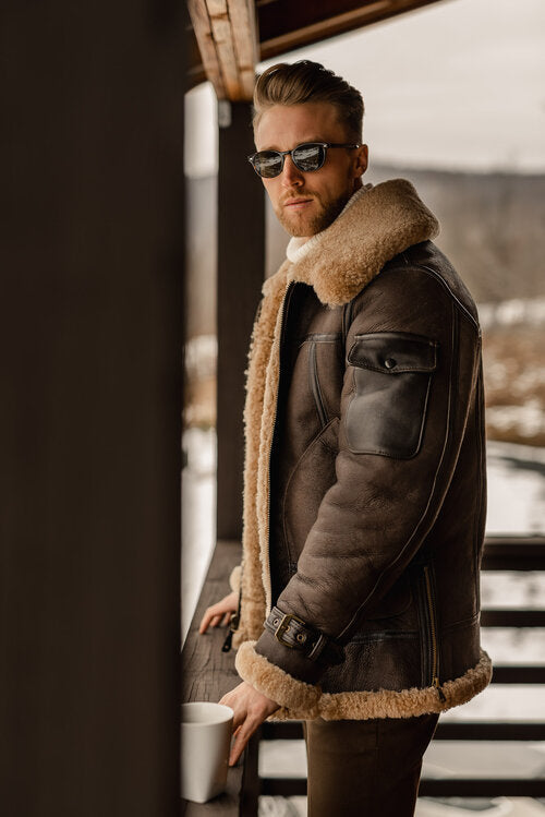 New Men's Genuine Sheepskin Shearling B3 Bomber Leather Jacket – Real Leather Vintage Aviator Winter Coat for Extreme Cold Weather