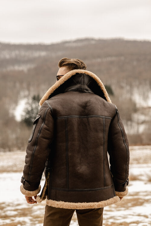 New Men's Genuine Sheepskin Shearling B3 Bomber Leather Jacket – Real Leather Vintage Aviator Winter Coat for Extreme Cold Weather