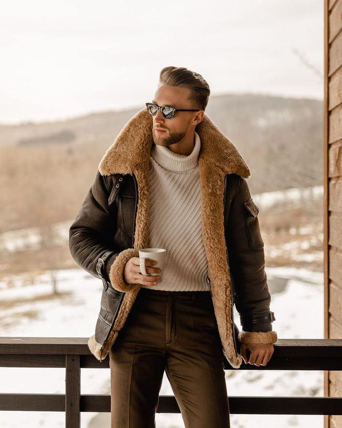 New Men's Genuine Sheepskin Shearling B3 Bomber Leather Jacket – Real Leather Vintage Aviator Winter Coat for Extreme Cold Weather