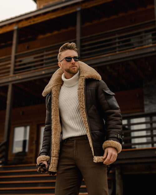 New Men's Genuine Sheepskin Shearling B3 Bomber Leather Jacket – Real Leather Vintage Aviator Winter Coat for Extreme Cold Weather