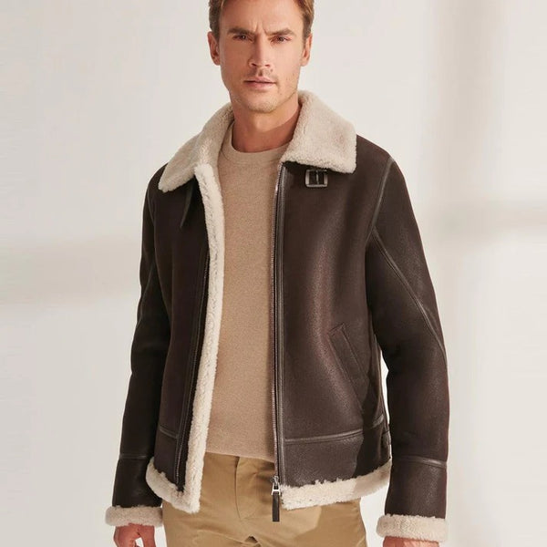 New Men's Sheepskin Brown Pilot Shearling Aviator Leather Bomber Jacket