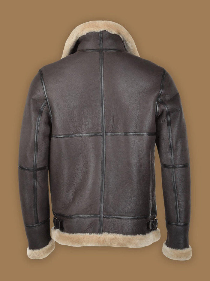 New Men's Sheepskin Shearling Dark Brown Leather Bomber Jacket