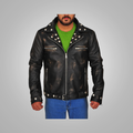 New Mens Sheepskin Studded Distressed Genuine Leather Biker Jacket
