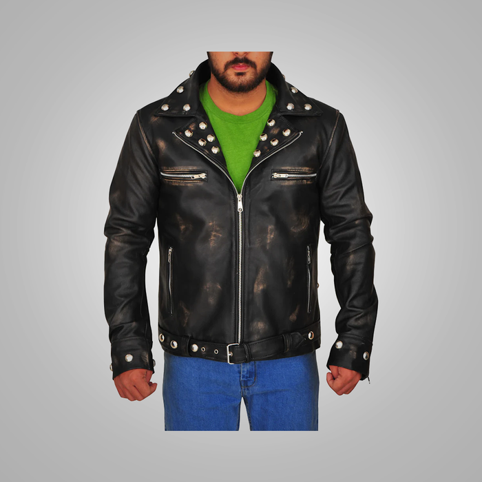 New Mens Sheepskin Studded Distressed Genuine Leather Biker Jacket