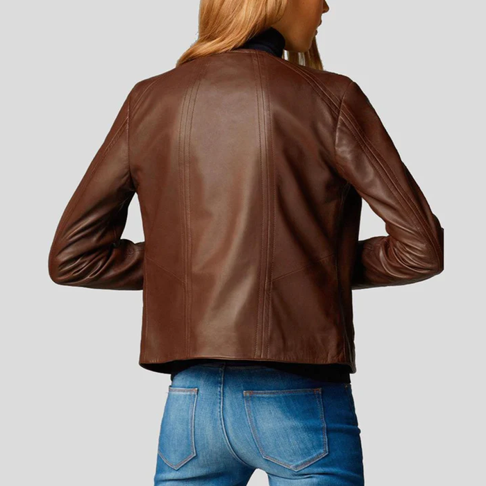 New Olivia Brown Motorcycle Sheepskin Leather Biker Jacket For Women