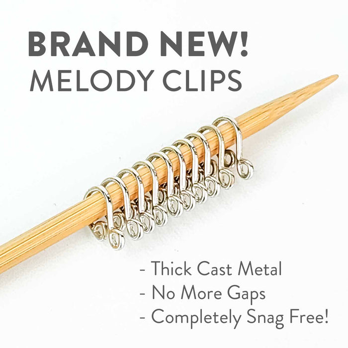 Brand New Melody Clips promotional graphic showing thick cast metal clips that are snag free with no more gaps