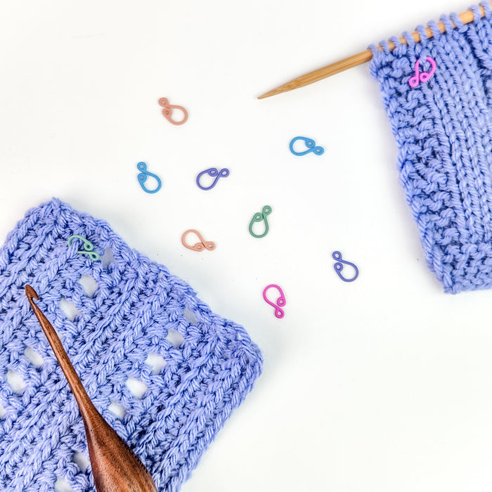 Pastel Rainbow Cast Melody Clips - Simple Locking Stitch Markers on knitting needles with a project