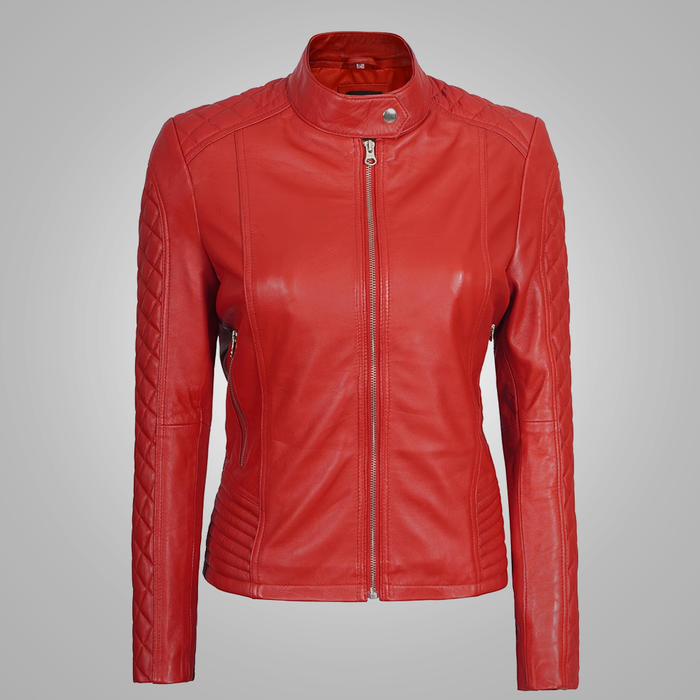New Red  Fashion Women's  Sheepskin Leather Biker Jacket