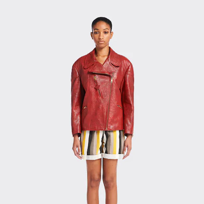 New Red Women Sheepskin Aviator Genuine Motorcycle Riding Leather Biker Jacket