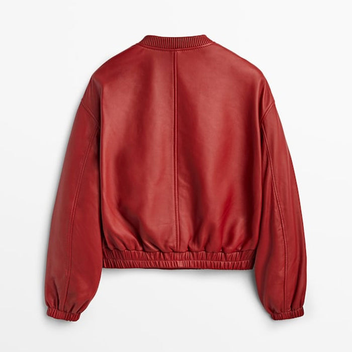 New Red Women's Sheepskin Shearling Aviator Bomber Leather Biker Jacket