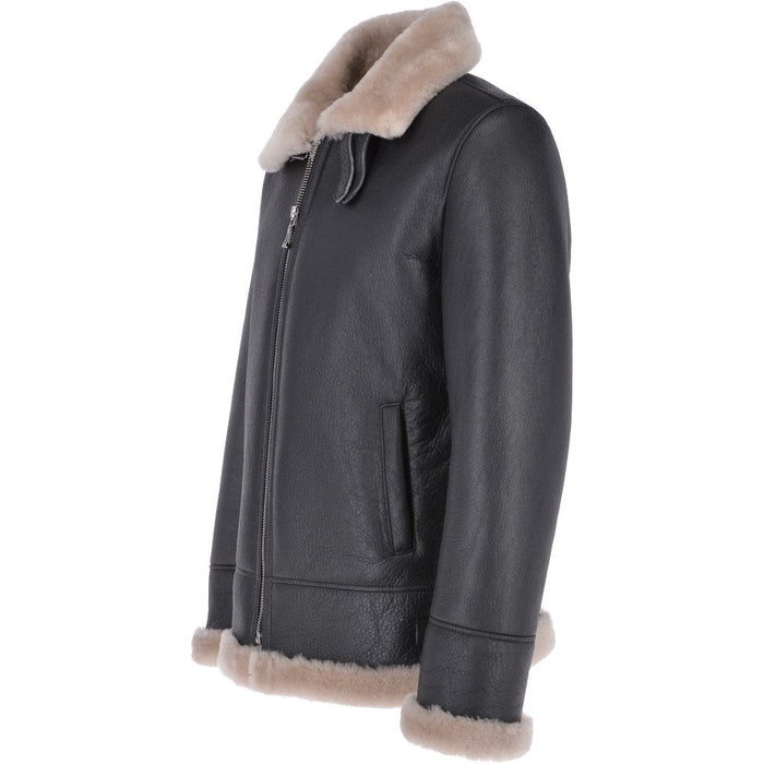 New Shearling Sheepskin Real Leather Black Bomber Jacket For Men