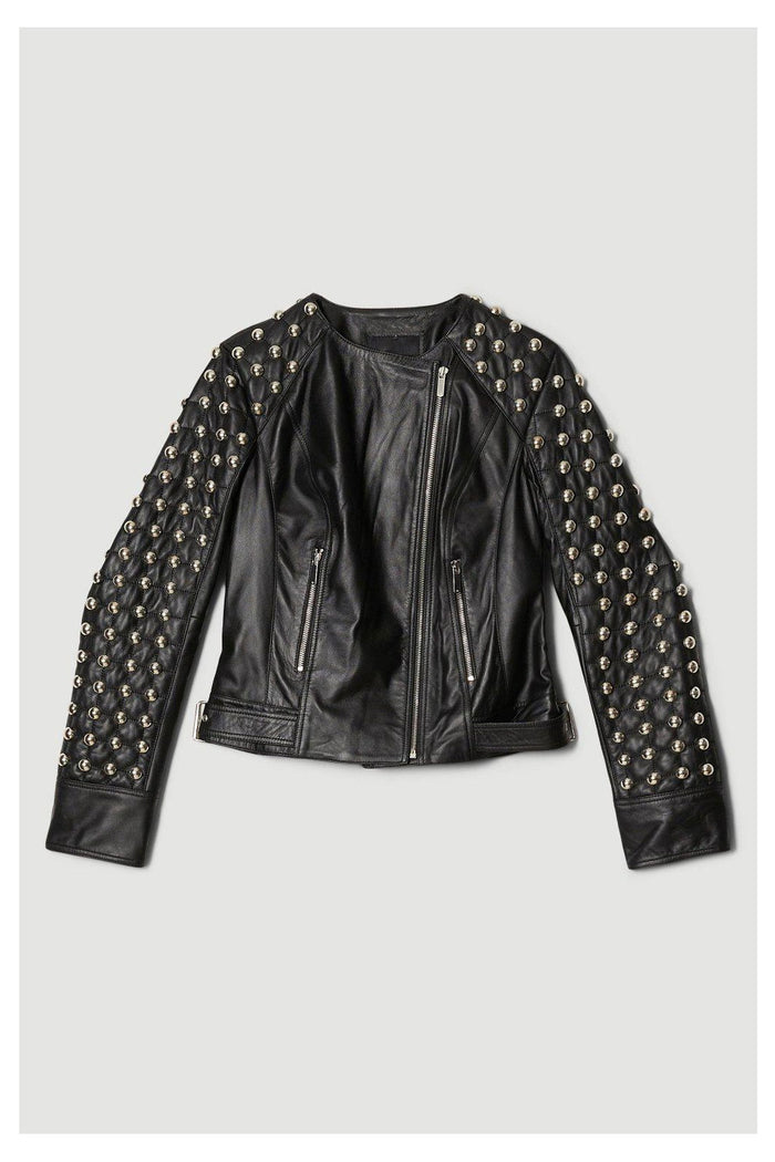 New Sheepskin Black Biker Style Silver Spiked Studded Leather Jacket For Women