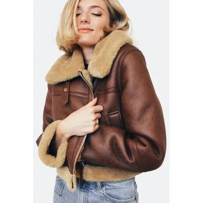New Sheepskin Women's Aviator Flight Leather Shearling Bomber Jacket and Fur Coat