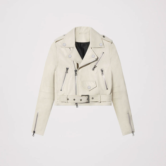 New white Women Sheepskin Aviator Motorcycle Genuine Leather Biker Jacket