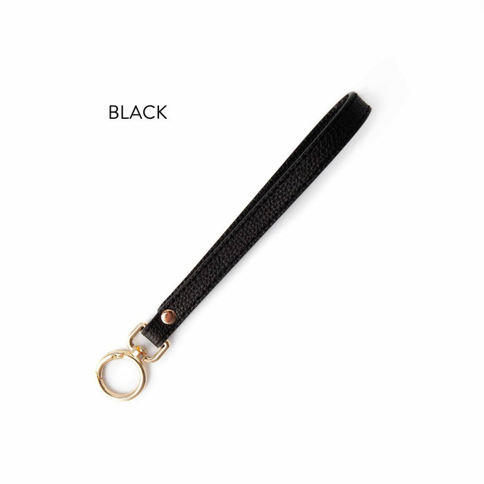 Black Wide Ring Yarn To Go Carousel wrist strap with pebbled faux leather texture and gold spring ring clasp