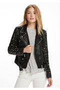 New Women Black Sheepskin Spiked Studded Motorcycle Leather Biker Jacket