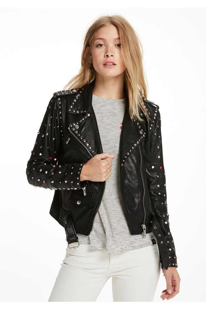 New Women Black Sheepskin Spiked Studded Motorcycle Leather Biker Jacket