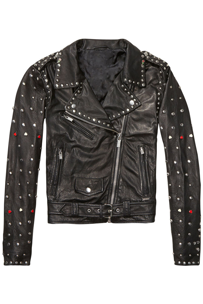 New Women Black Sheepskin Spiked Studded Motorcycle Leather Biker Jacket