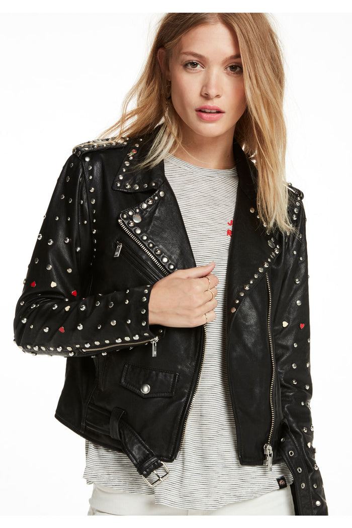 New Women Black Sheepskin Spiked Studded Motorcycle Leather Biker Jacket