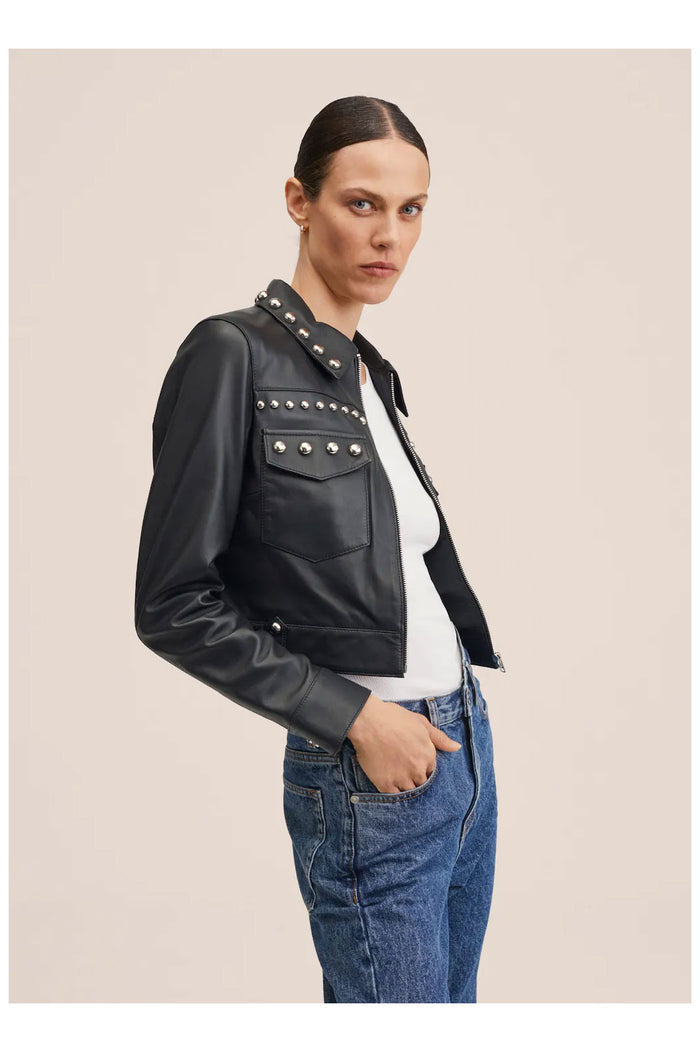 New Women Black Style Silver Spiked Studded Motorcycle Leather Biker Jacket