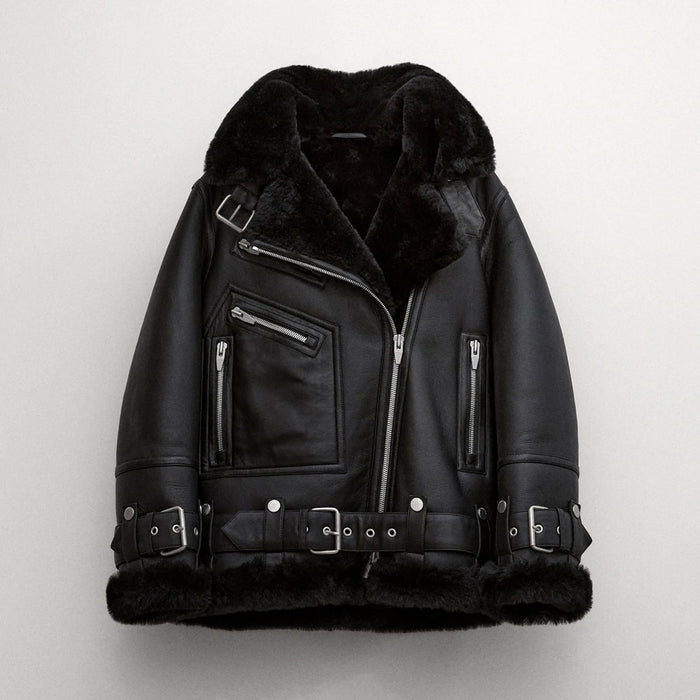 New Women RAF B3 Sheepskin Shearling  Aviator Styled Leather Black Jacket
