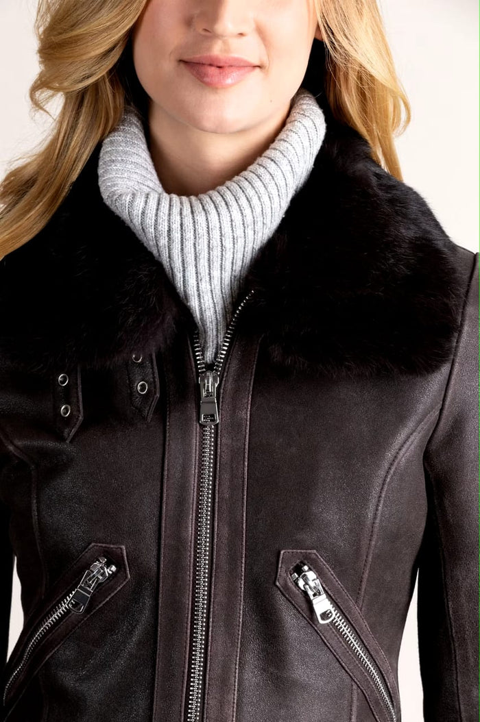 New Women Sheepskin Shearling Bomber Leather Jacket