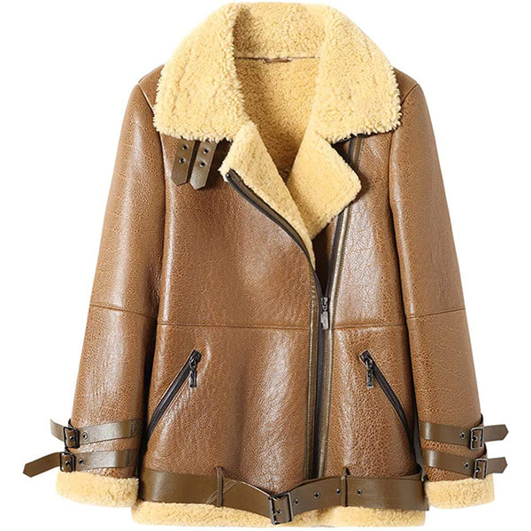 New Women Sheepskin Shearling Leather Bomber Jacket