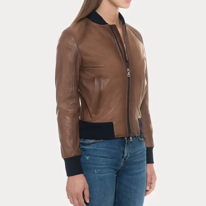 New Women Sugar Brown Lambskin Soft Leather Bomber Jacket