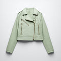 New Women's Green Sheepskin Motorcycle Aviator Leather Riding Biker Jacket
