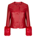 New Women's Red Sheepskin Leather biker jacket with Faux Fur