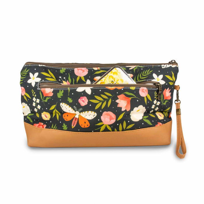 Night Forest Trinity Bag with exterior zipper pocket partially open showing the yellow honeycomb print lining inside