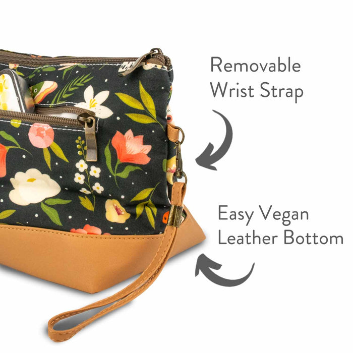 Side view of Night Forest Trinity Bag showing the removable wrist strap clip and easy-clean vegan leather bottom with labeled callouts